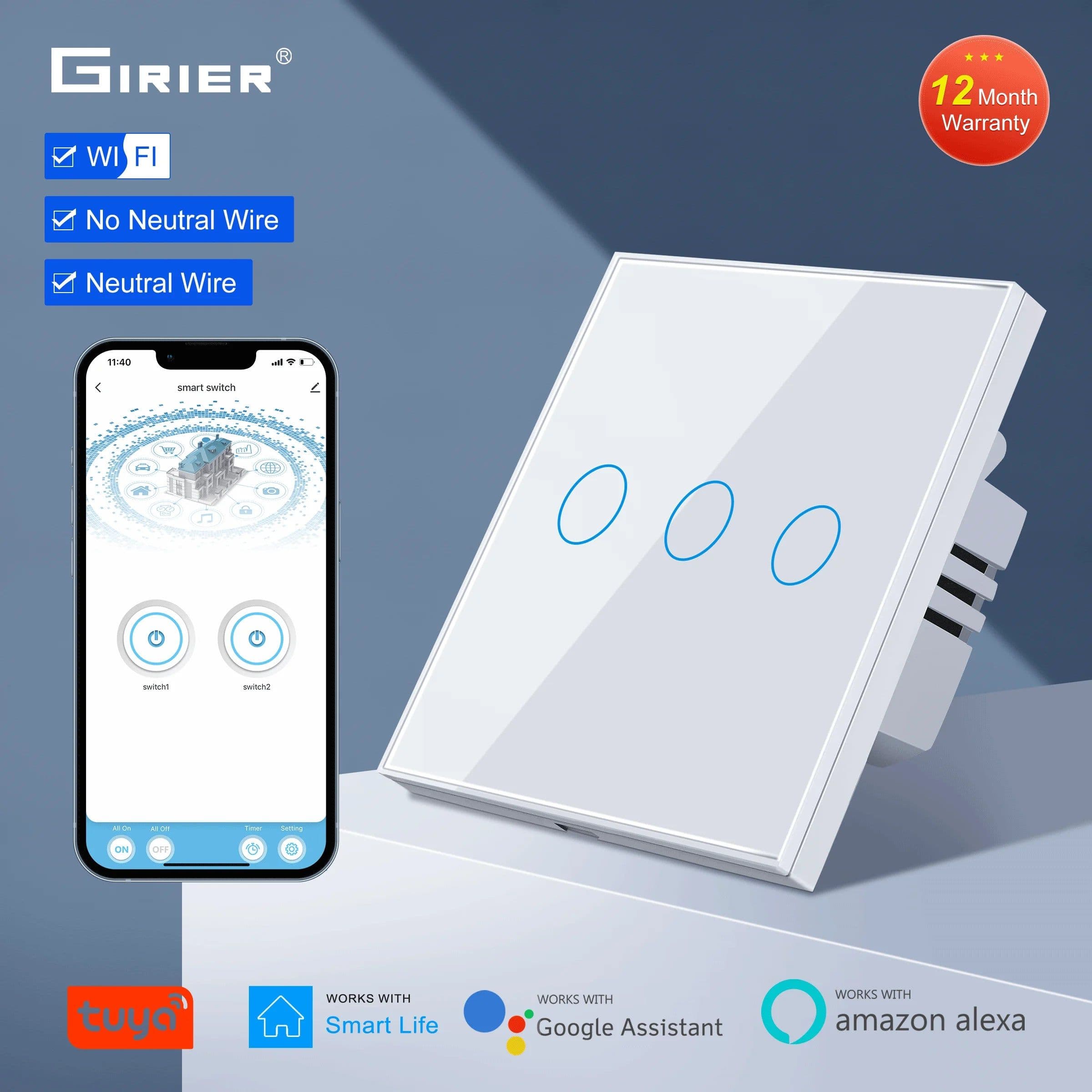 image-Wifi Wall Touch Switch EU No Neutral Wire Required Smart Light Switch 1 2 3 Gang 220V Tuya Smart Home Support Alexa Google Home