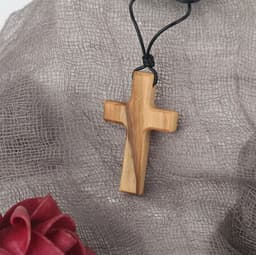 image-Olive Wood Pendant Long Adjustable Black Leather Rope Necklace Cross-shape Pendant Christian Gifts for Men and Women
