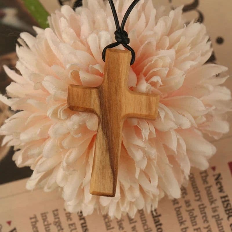 image-Olive Wood Pendant Long Adjustable Black Leather Rope Necklace Cross-shape Pendant Christian Gifts for Men and Women