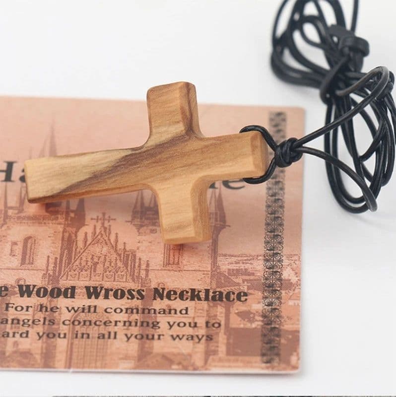 image-Olive Wood Pendant Long Adjustable Black Leather Rope Necklace Cross-shape Pendant Christian Gifts for Men and Women