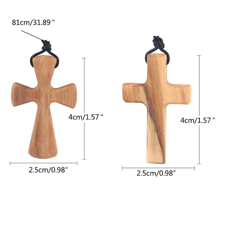 image-Olive Wood Pendant Long Adjustable Black Leather Rope Necklace Cross-shape Pendant Christian Gifts for Men and Women
