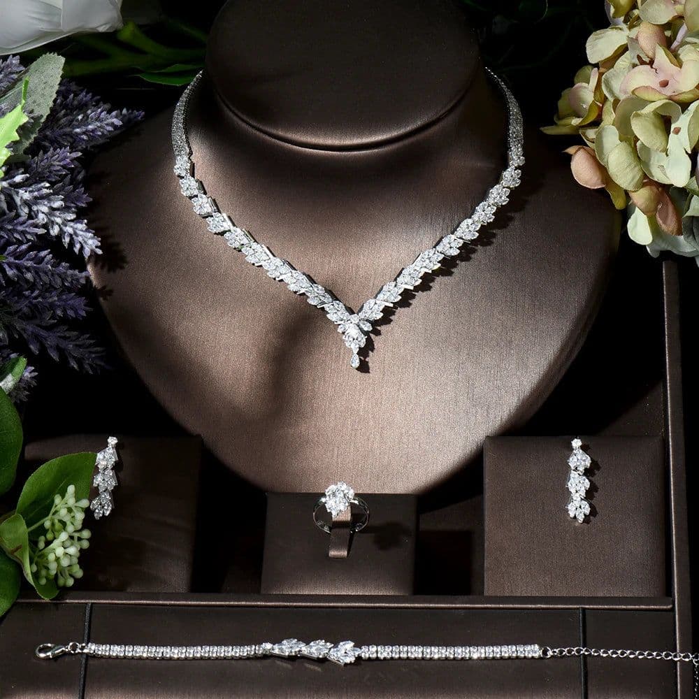 image-HIBRIDE Fashion Leaf Design 4pcs AAA CZ Women Bridal Wedding Jewelry Set Earring Necklace Set parrure bijoux femme mariage N-119