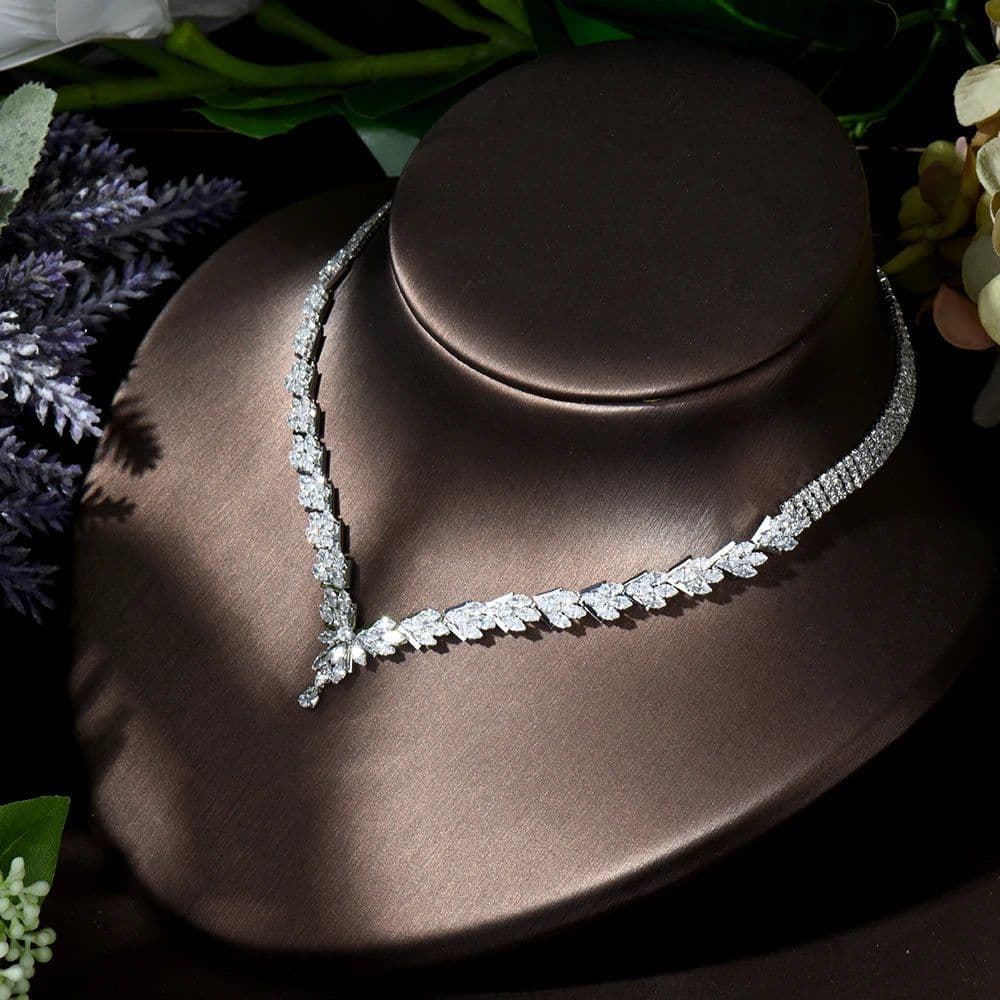 image-HIBRIDE Fashion Leaf Design 4pcs AAA CZ Women Bridal Wedding Jewelry Set Earring Necklace Set parrure bijoux femme mariage N-119
