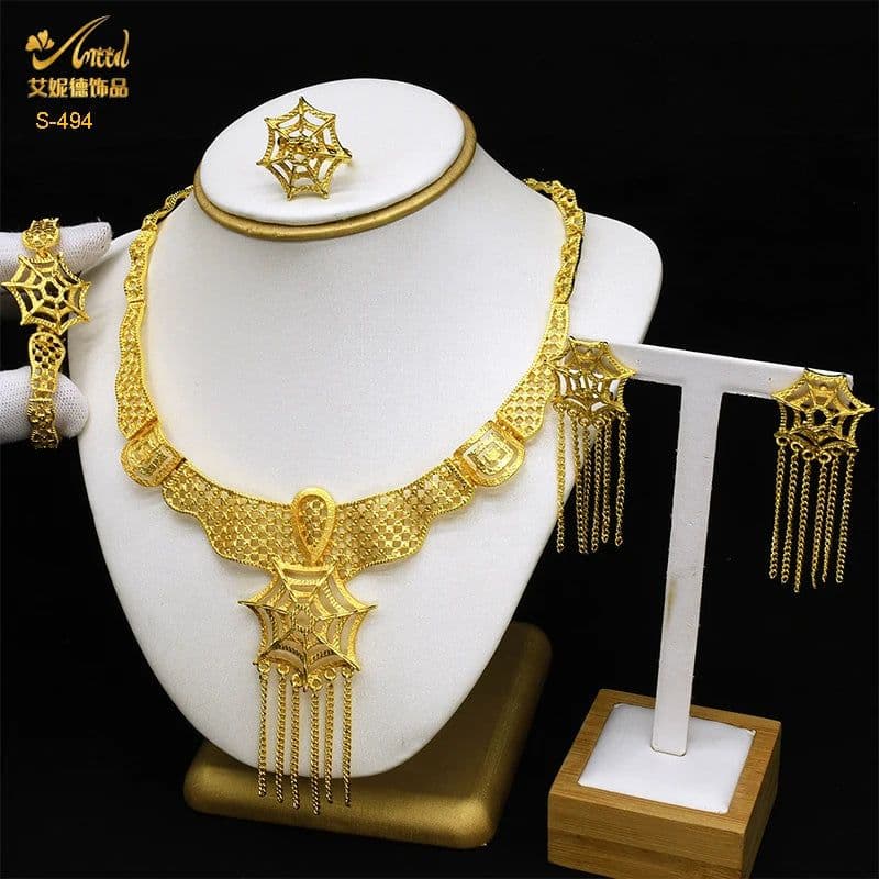 image-ANIID African Jewelery Sets Flower Earrings Choker Necklace Bracelet Hawaiian Indian Dubai Golden Jewelry For Women Accessories