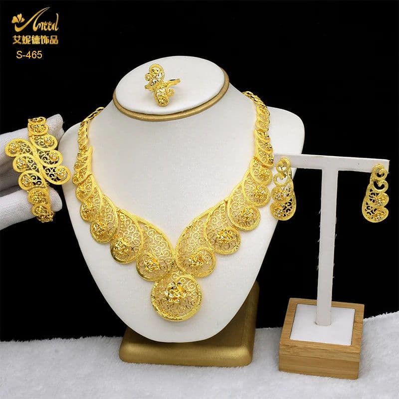 image-ANIID African Jewelery Sets Flower Earrings Choker Necklace Bracelet Hawaiian Indian Dubai Golden Jewelry For Women Accessories