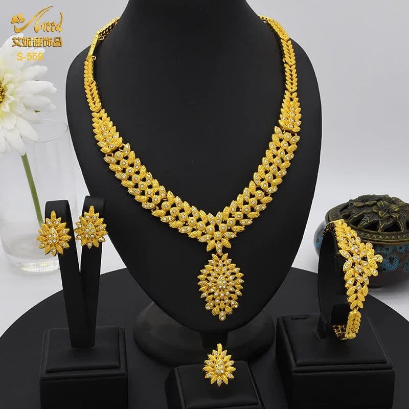 image-ANIID African Jewelery Sets Flower Earrings Choker Necklace Bracelet Hawaiian Indian Dubai Golden Jewelry For Women Accessories