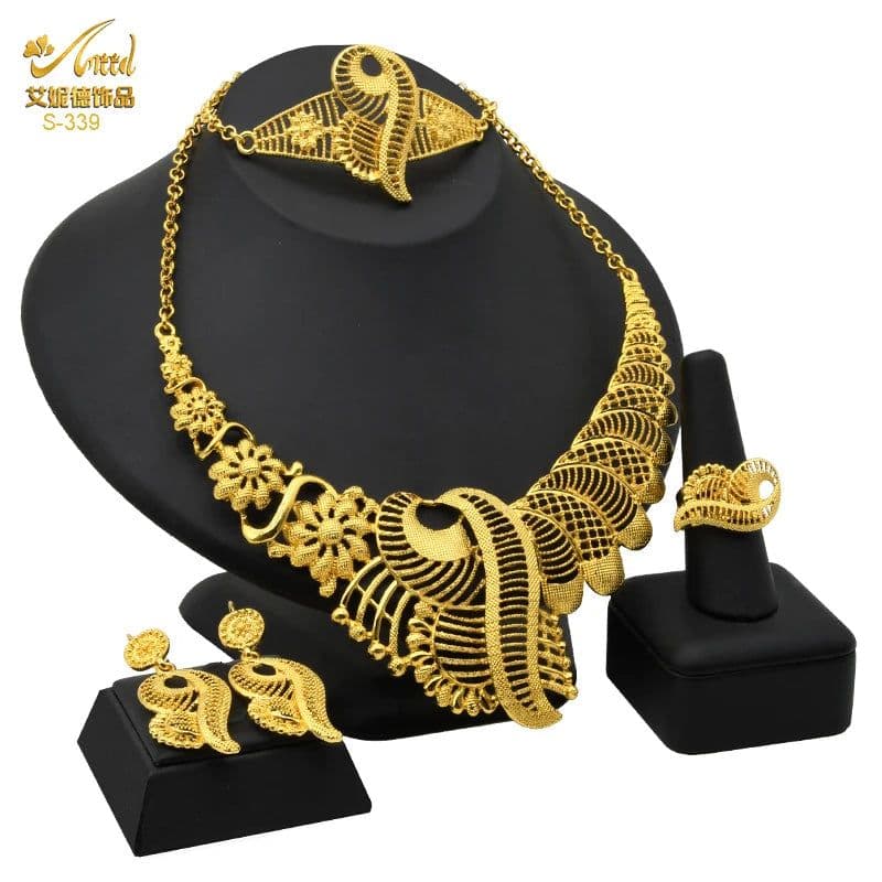image-ANIID African Jewelery Sets Flower Earrings Choker Necklace Bracelet Hawaiian Indian Dubai Golden Jewelry For Women Accessories