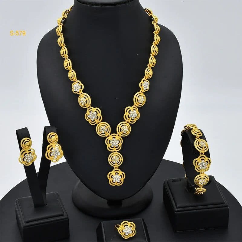 image-ANIID African Jewelery Sets Flower Earrings Choker Necklace Bracelet Hawaiian Indian Dubai Golden Jewelry For Women Accessories