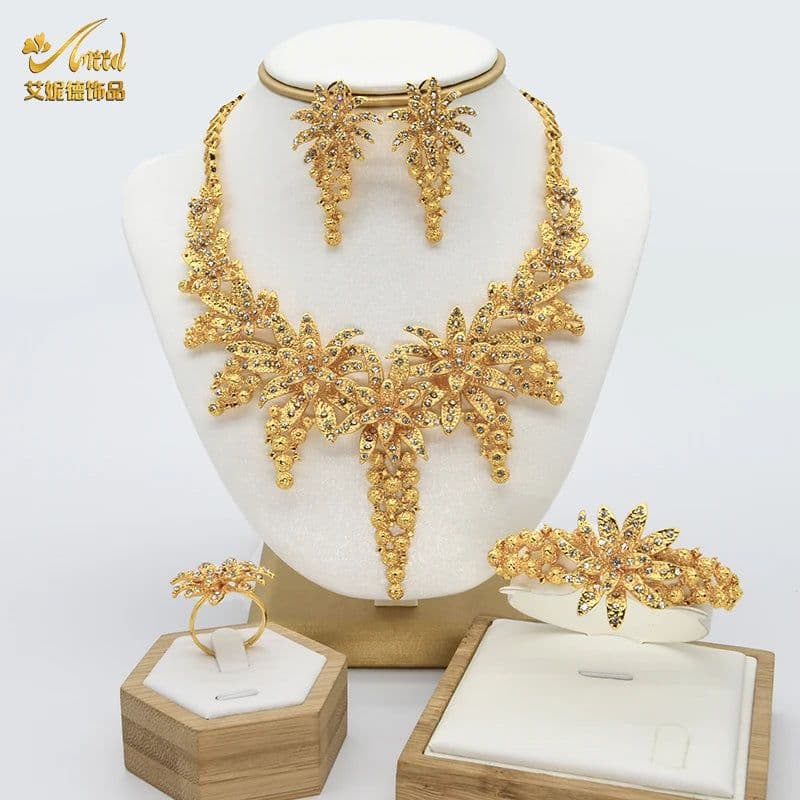 image-ANIID African Jewelery Sets Flower Earrings Choker Necklace Bracelet Hawaiian Indian Dubai Golden Jewelry For Women Accessories