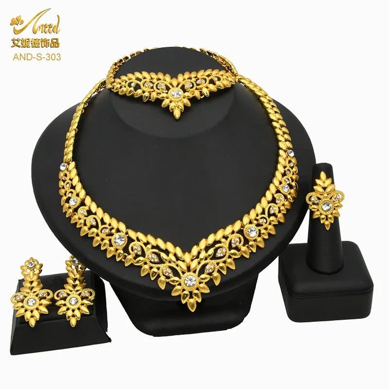 image-ANIID African Jewelery Sets Flower Earrings Choker Necklace Bracelet Hawaiian Indian Dubai Golden Jewelry For Women Accessories