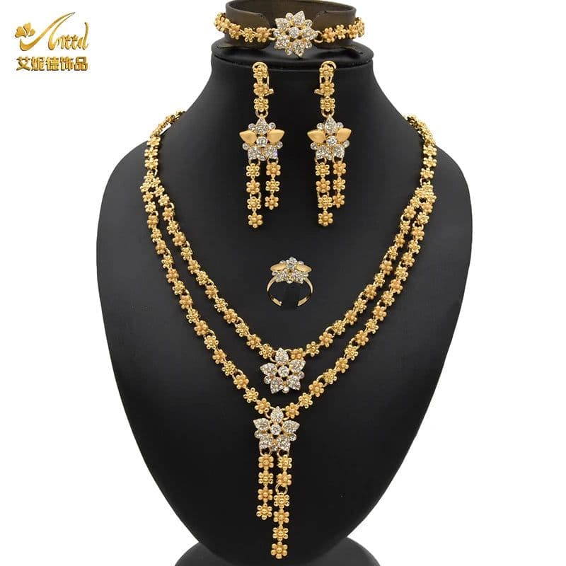 image-ANIID African Jewelery Sets Flower Earrings Choker Necklace Bracelet Hawaiian Indian Dubai Golden Jewelry For Women Accessories