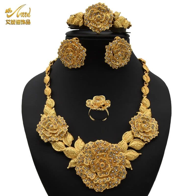 image-ANIID African Jewelery Sets Flower Earrings Choker Necklace Bracelet Hawaiian Indian Dubai Golden Jewelry For Women Accessories