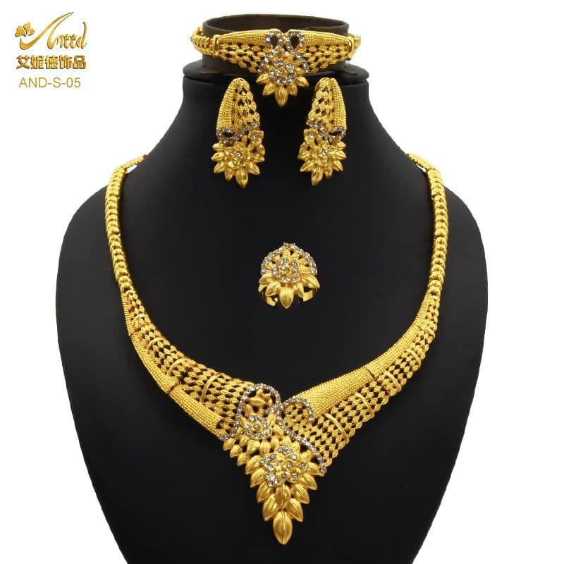 image-ANIID African Jewelery Sets Flower Earrings Choker Necklace Bracelet Hawaiian Indian Dubai Golden Jewelry For Women Accessories