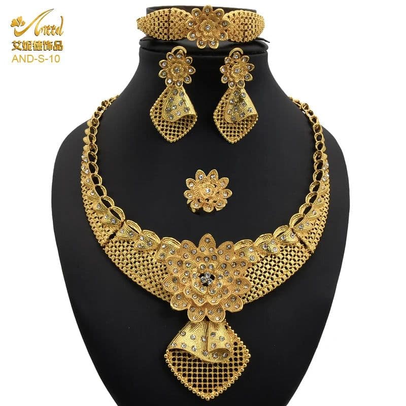 image-ANIID African Jewelery Sets Flower Earrings Choker Necklace Bracelet Hawaiian Indian Dubai Golden Jewelry For Women Accessories