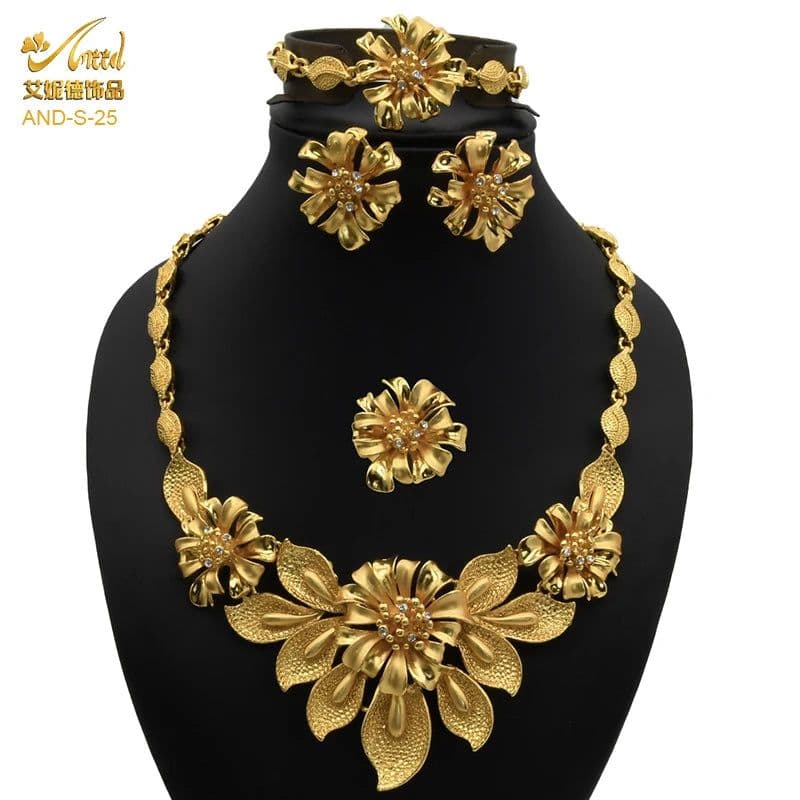 image-ANIID African Jewelery Sets Flower Earrings Choker Necklace Bracelet Hawaiian Indian Dubai Golden Jewelry For Women Accessories