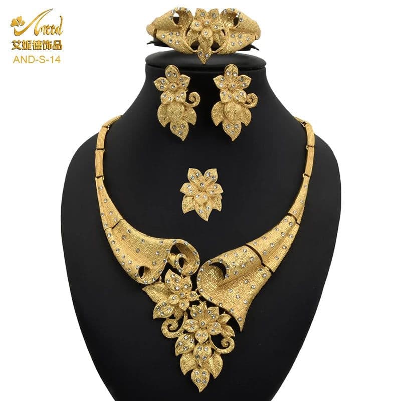 image-ANIID African Jewelery Sets Flower Earrings Choker Necklace Bracelet Hawaiian Indian Dubai Golden Jewelry For Women Accessories