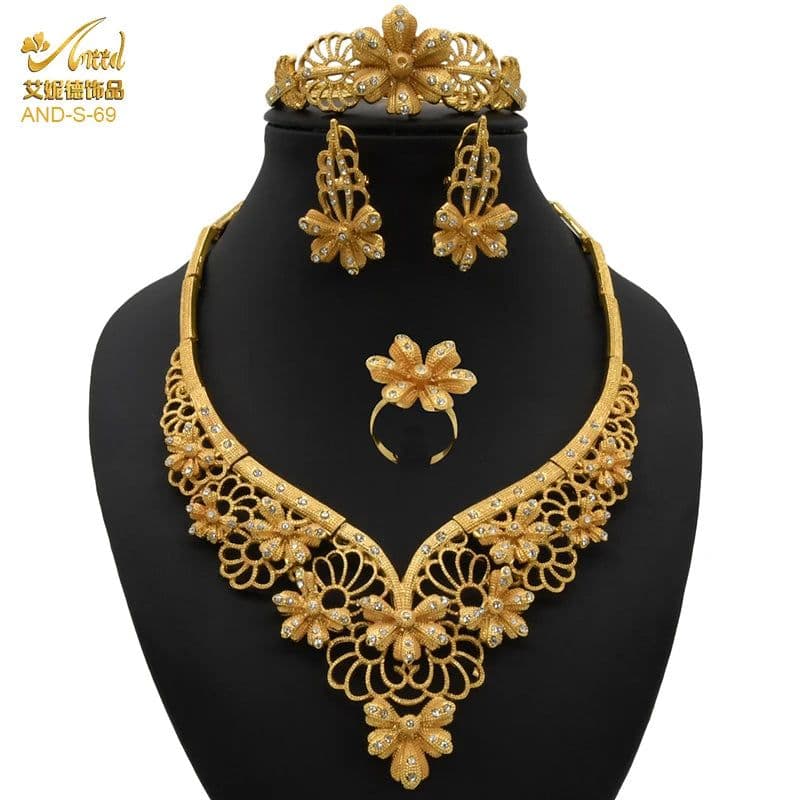 image-ANIID African Jewelery Sets Flower Earrings Choker Necklace Bracelet Hawaiian Indian Dubai Golden Jewelry For Women Accessories