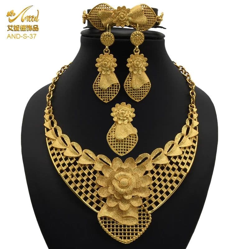 image-ANIID African Jewelery Sets Flower Earrings Choker Necklace Bracelet Hawaiian Indian Dubai Golden Jewelry For Women Accessories