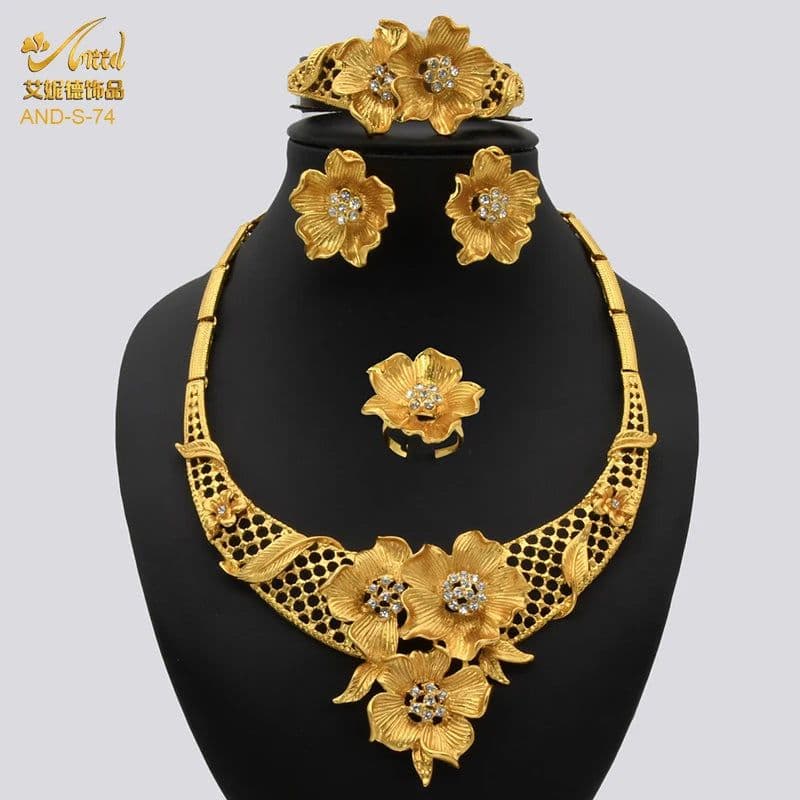image-ANIID African Jewelery Sets Flower Earrings Choker Necklace Bracelet Hawaiian Indian Dubai Golden Jewelry For Women Accessories