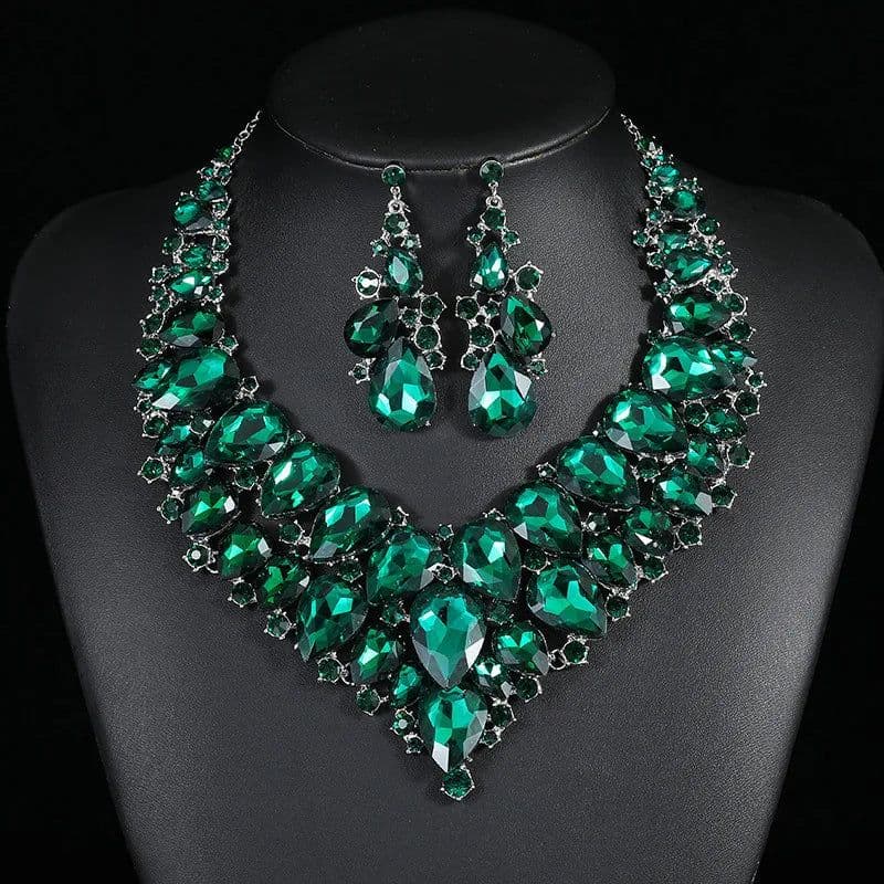 image-Luxury Exquisite Water Drop Green Crystal Jewelry Sets For Women Wedding Party Jewelry Accessories Stud Earrings & Necklace Set