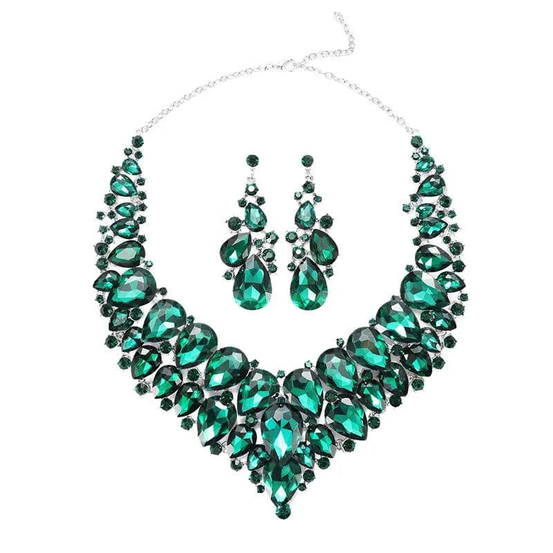 image-Luxury Exquisite Water Drop Green Crystal Jewelry Sets For Women Wedding Party Jewelry Accessories Stud Earrings & Necklace Set