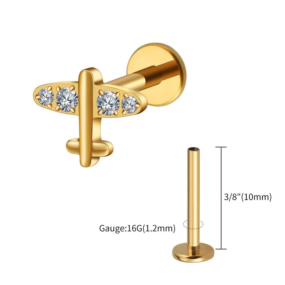 image-Right Grand ASTM F136 Titanium 16G Tiny Airplane Stud Earring with CZ Minimalist Plane Tragus Cartilage Helix Rook Ear Piercing