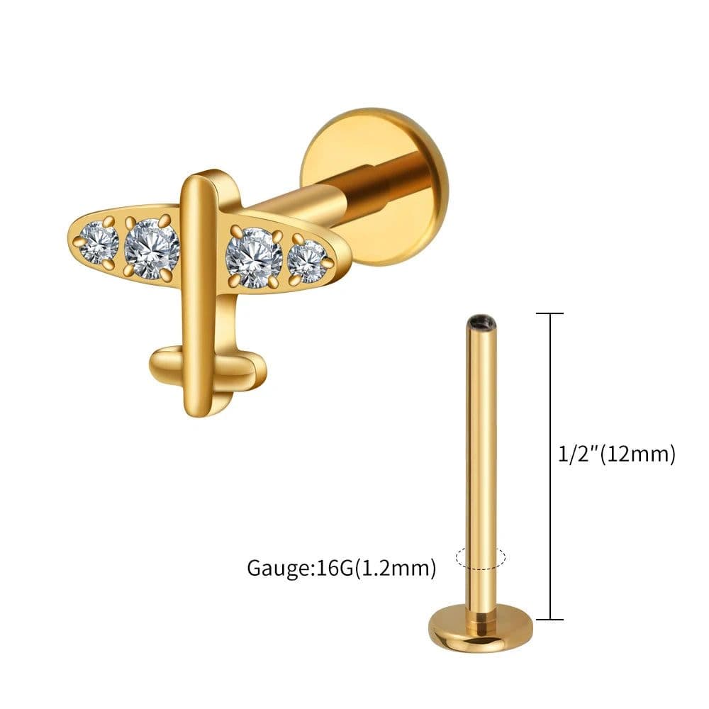 image-Right Grand ASTM F136 Titanium 16G Tiny Airplane Stud Earring with CZ Minimalist Plane Tragus Cartilage Helix Rook Ear Piercing