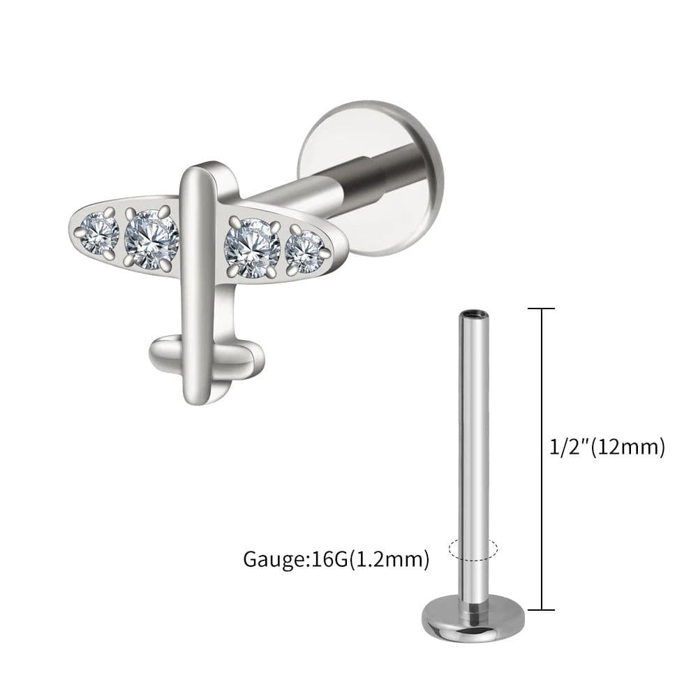 image-Right Grand ASTM F136 Titanium 16G Tiny Airplane Stud Earring with CZ Minimalist Plane Tragus Cartilage Helix Rook Ear Piercing