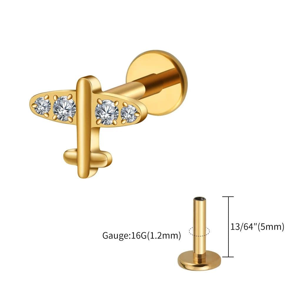 image-Right Grand ASTM F136 Titanium 16G Tiny Airplane Stud Earring with CZ Minimalist Plane Tragus Cartilage Helix Rook Ear Piercing