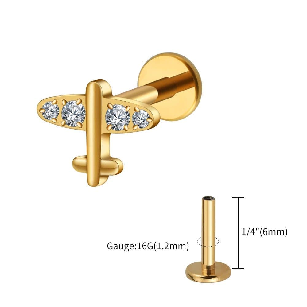 image-Right Grand ASTM F136 Titanium 16G Tiny Airplane Stud Earring with CZ Minimalist Plane Tragus Cartilage Helix Rook Ear Piercing