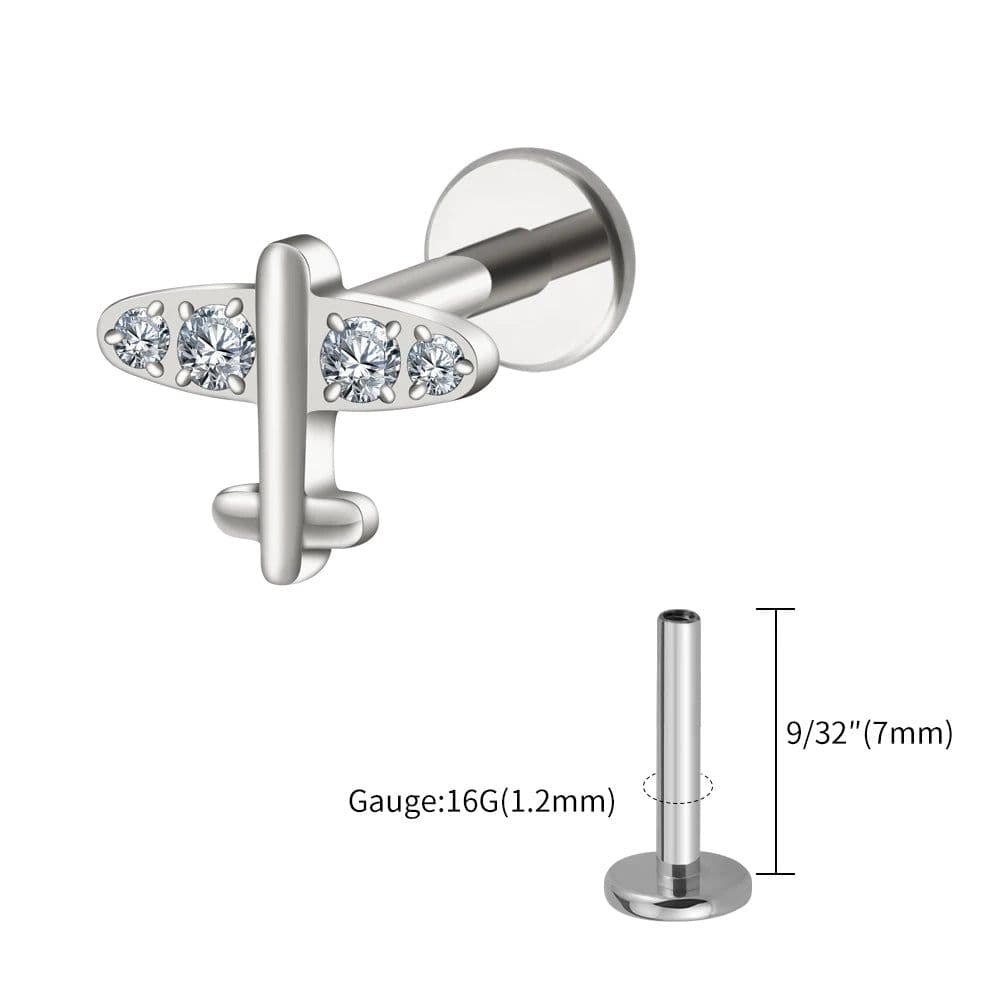 image-Right Grand ASTM F136 Titanium 16G Tiny Airplane Stud Earring with CZ Minimalist Plane Tragus Cartilage Helix Rook Ear Piercing
