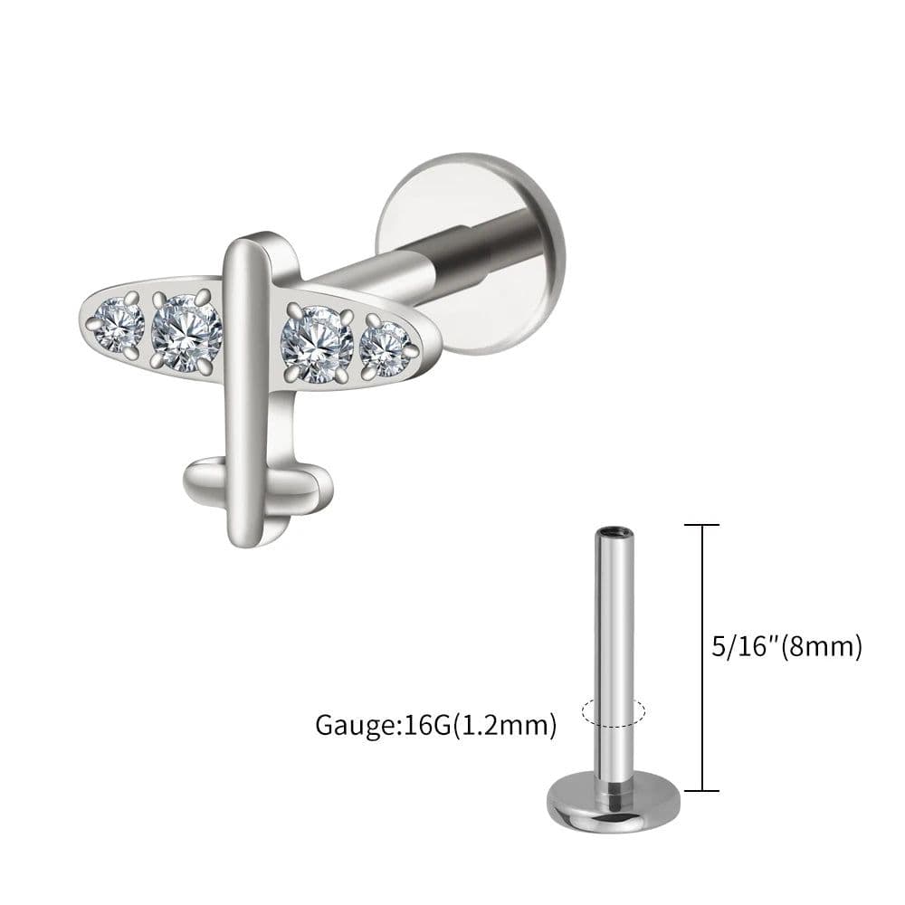 image-Right Grand ASTM F136 Titanium 16G Tiny Airplane Stud Earring with CZ Minimalist Plane Tragus Cartilage Helix Rook Ear Piercing
