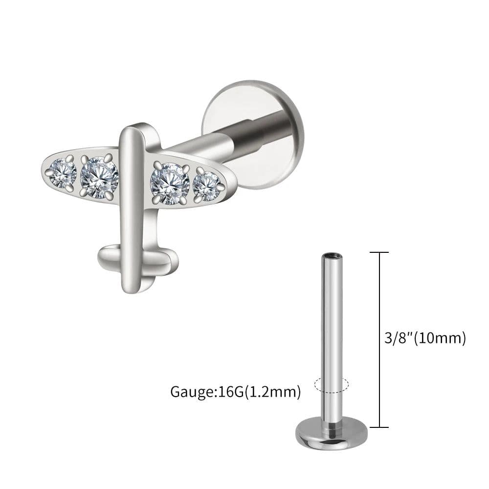 image-Right Grand ASTM F136 Titanium 16G Tiny Airplane Stud Earring with CZ Minimalist Plane Tragus Cartilage Helix Rook Ear Piercing