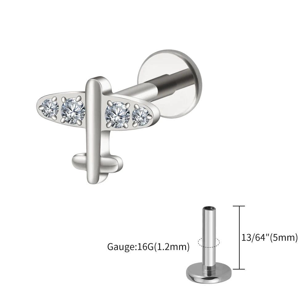 image-Right Grand ASTM F136 Titanium 16G Tiny Airplane Stud Earring with CZ Minimalist Plane Tragus Cartilage Helix Rook Ear Piercing
