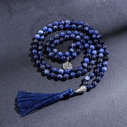 image-108 Mala Natural Sodalite Lapis Lazuli Handmade Beaded Knot Meditation Yoga Anniversary Big Buddha Head Tassel Long Necklace