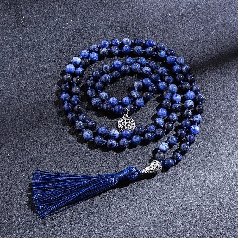 image-108 Mala Natural Sodalite Lapis Lazuli Handmade Beaded Knot Meditation Yoga Anniversary Big Buddha Head Tassel Long Necklace
