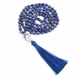 image-108 Mala Natural Sodalite Lapis Lazuli Handmade Beaded Knot Meditation Yoga Anniversary Big Buddha Head Tassel Long Necklace