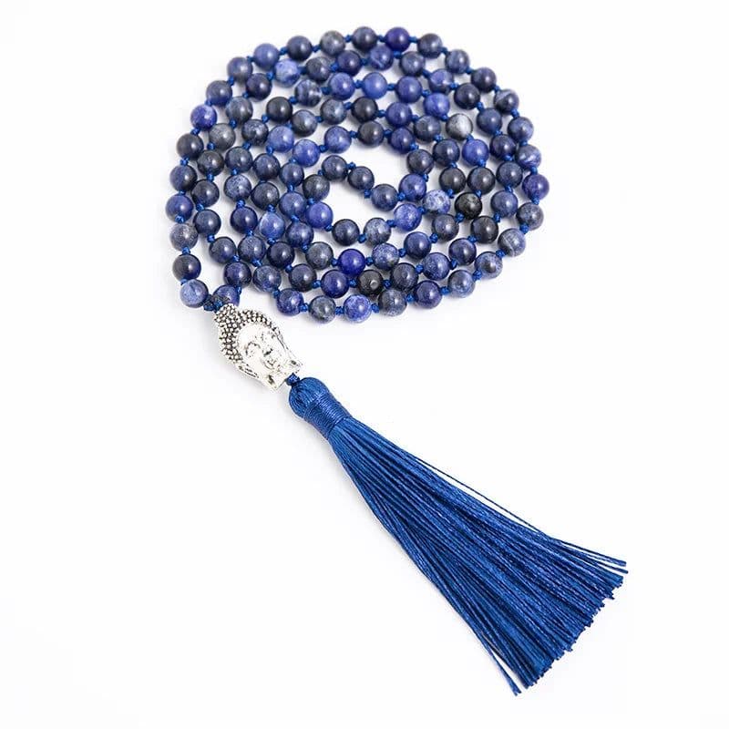 image-108 Mala Natural Sodalite Lapis Lazuli Handmade Beaded Knot Meditation Yoga Anniversary Big Buddha Head Tassel Long Necklace