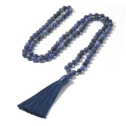 image-108 Mala Natural Sodalite Lapis Lazuli Handmade Beaded Knot Meditation Yoga Anniversary Big Buddha Head Tassel Long Necklace