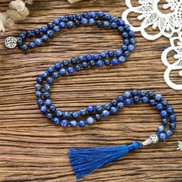 image-108 Mala Natural Sodalite Lapis Lazuli Handmade Beaded Knot Meditation Yoga Anniversary Big Buddha Head Tassel Long Necklace