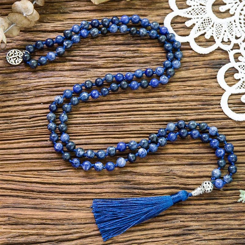 image-108 Mala Natural Sodalite Lapis Lazuli Handmade Beaded Knot Meditation Yoga Anniversary Big Buddha Head Tassel Long Necklace