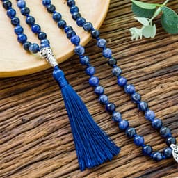 image-108 Mala Natural Sodalite Lapis Lazuli Handmade Beaded Knot Meditation Yoga Anniversary Big Buddha Head Tassel Long Necklace