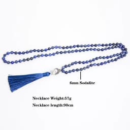 image-108 Mala Natural Sodalite Lapis Lazuli Handmade Beaded Knot Meditation Yoga Anniversary Big Buddha Head Tassel Long Necklace
