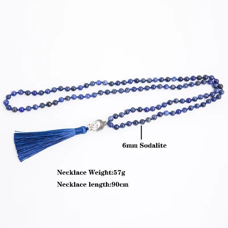 image-108 Mala Natural Sodalite Lapis Lazuli Handmade Beaded Knot Meditation Yoga Anniversary Big Buddha Head Tassel Long Necklace