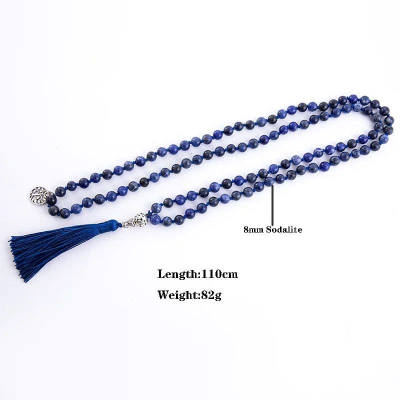 image-108 Mala Natural Sodalite Lapis Lazuli Handmade Beaded Knot Meditation Yoga Anniversary Big Buddha Head Tassel Long Necklace