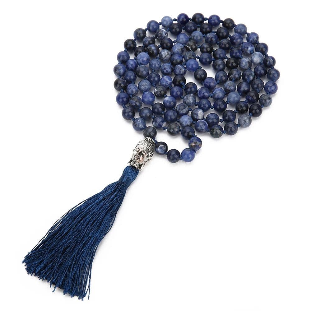 image-108 Mala Natural Sodalite Lapis Lazuli Handmade Beaded Knot Meditation Yoga Anniversary Big Buddha Head Tassel Long Necklace