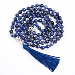 image-108 Mala Natural Sodalite Lapis Lazuli Handmade Beaded Knot Meditation Yoga Anniversary Big Buddha Head Tassel Long Necklace