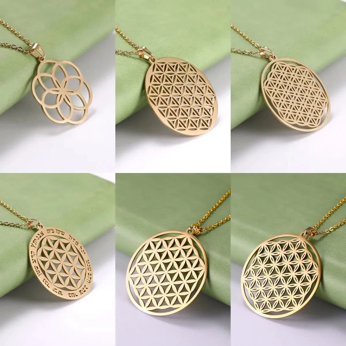 image-LIKGREAT Flower of Life Pendant Necklace for Women Mandala Chakra Hollow Stainless Steel Charms Jewelry Geometry Amulet Gift