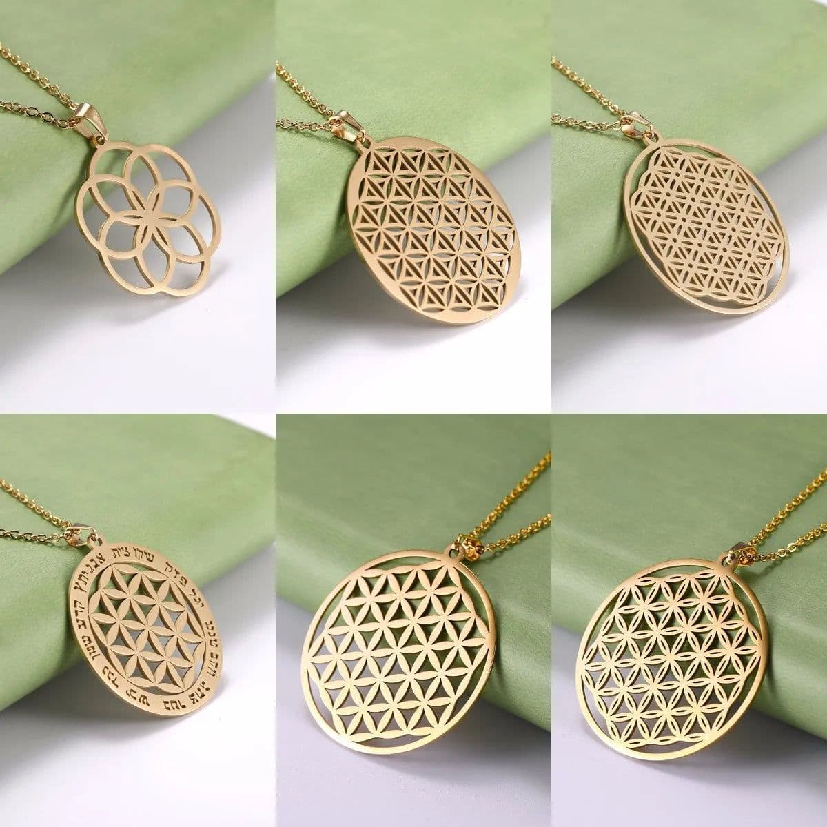 image-LIKGREAT Flower of Life Pendant Necklace for Women Mandala Chakra Hollow Stainless Steel Charms Jewelry Geometry Amulet Gift