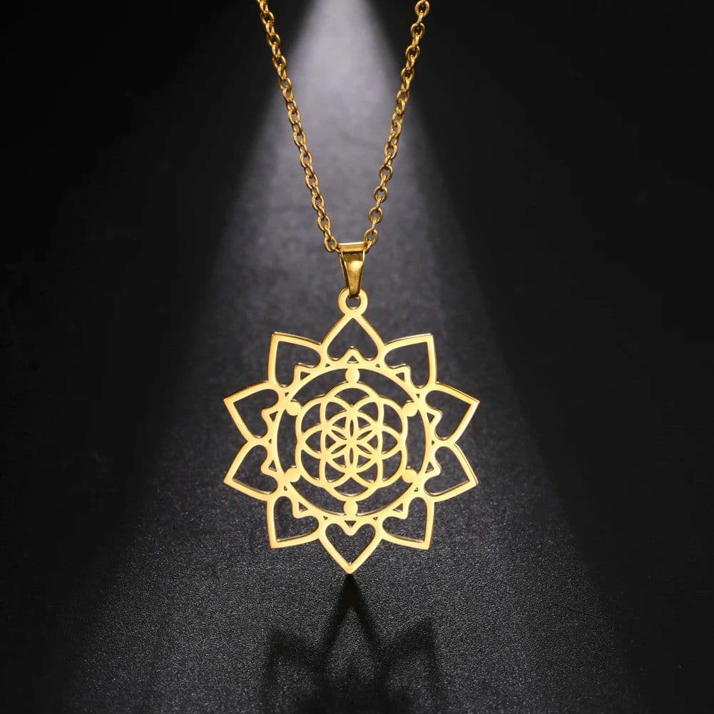 image-LIKGREAT Flower of Life Pendant Necklace for Women Mandala Chakra Hollow Stainless Steel Charms Jewelry Geometry Amulet Gift